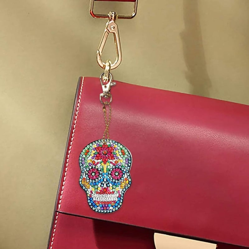 ThsGivingStore 5 Pcs Sugar Skull DIY Diamond Painting Keychains Kit, Diamond Art Keychains for Women Men Kids, Crystal Rhinestone Diamond Skull Hanging Charms for Bag, Purse, Phone or Car Decoration - Image 5