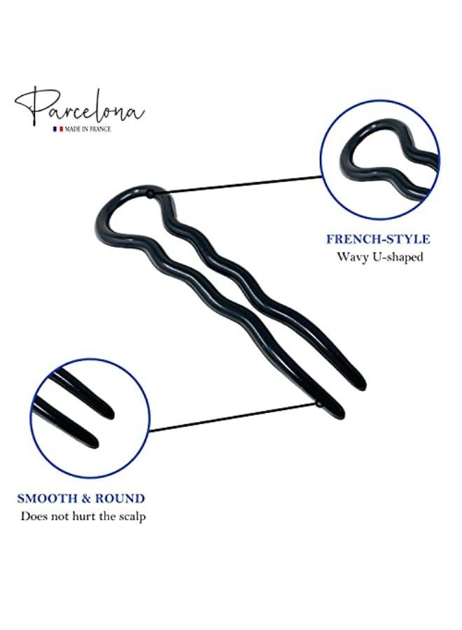 Parcelona French Sleek 3.5 Inch Large Set Of 2 Wavy Crink U Shaped Black Chignon Hair Pin - Image 1