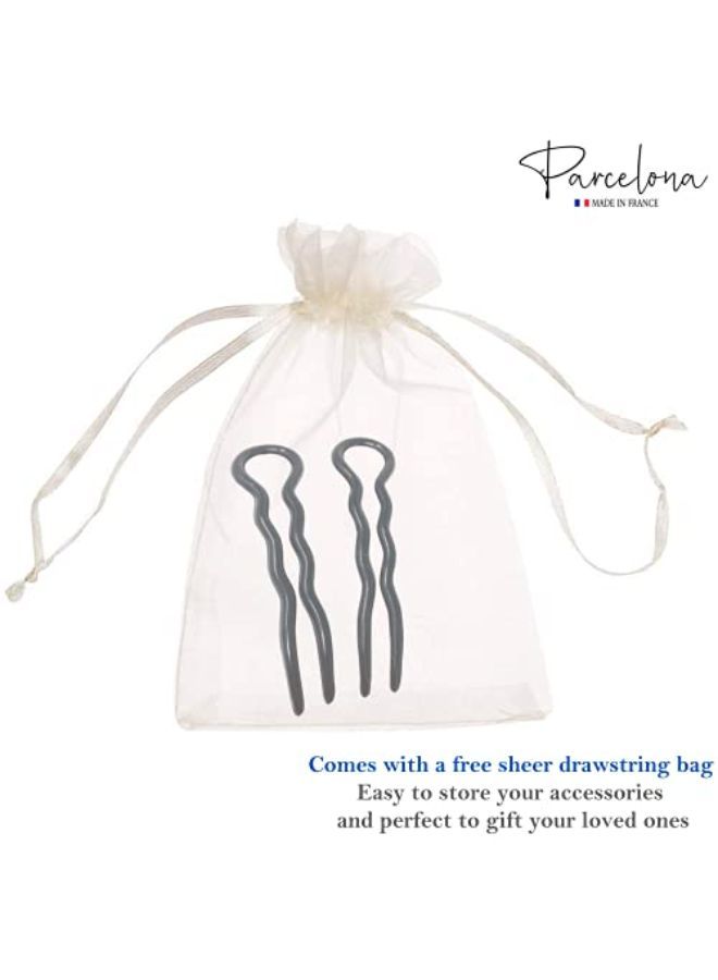 Parcelona French Sleek 3.5 Inch Large Set Of 2 Wavy Crink U Shaped Black Chignon Hair Pin - Image 4
