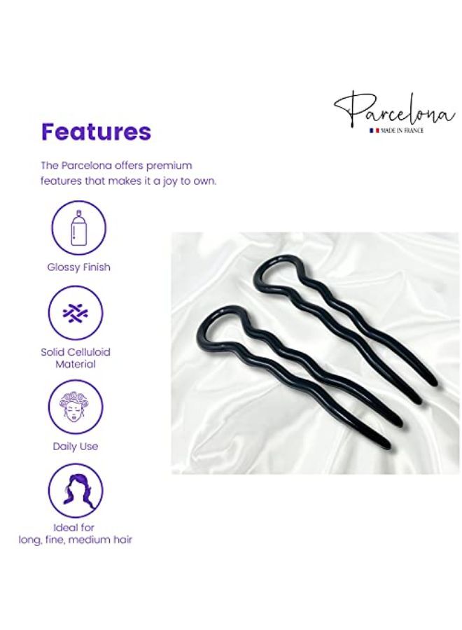 Parcelona French Sleek 3.5 Inch Large Set Of 2 Wavy Crink U Shaped Black Chignon Hair Pin - Image 2