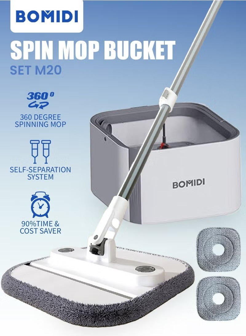 BOMIDI مجموعة دلو ممسحة دوارة، ممسحة قابلة للطي بزاوية 360 درجة مع نظام فصل المياه النظيفة والوسخة، ممسحة سهلة العصر برؤوس ممسحة قابلة للفصل لتنظيف الأرضيات في المطبخ المنزلي M20-رمادي - Image 2