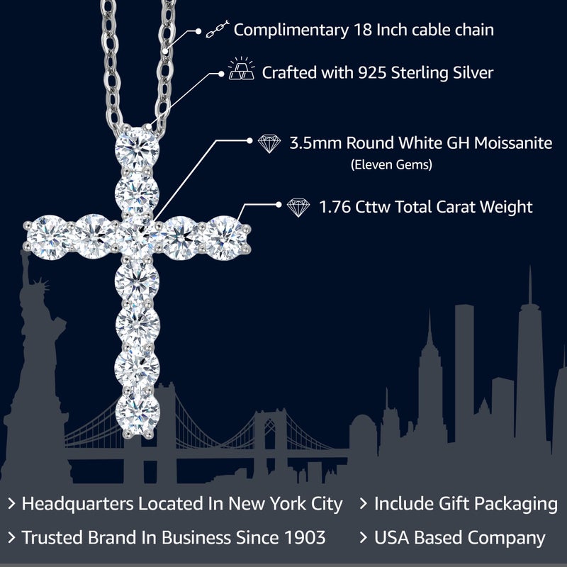 Gem Stone King Moissanite Cross Necklace | 925 Sterling Silver | 1.76 Cttw | 1 Inch | Jesus Christian Religious Crucifix Jewelry Pendant Necklace for Women | with 18 Inch Silver Chain - Image 2