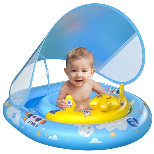 WayEee Baby Pool Float with UPF50 Canopy Inflatable Swim Float Adjustable Safety Seat Toy Play Console Sun Protection for Baby 636 Months Infant Todder Summer Gift Pool Bathtub Beach Blue - Image 1
