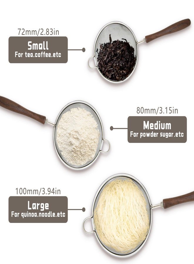 فلاين مجموعة من 3 مصافي شبكية للمطبخ، مصفاة من الفولاذ المقاوم للصدأ 304 بمقبض خشبي، مناخل لتصفية الطعام والشاي والأرز والزيت والمعكرونة والفواكه والخضراوات - Image 3