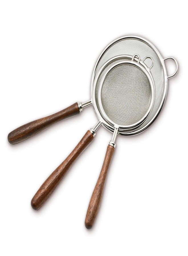 فلاين مجموعة من 3 مصافي شبكية للمطبخ، مصفاة من الفولاذ المقاوم للصدأ 304 بمقبض خشبي، مناخل لتصفية الطعام والشاي والأرز والزيت والمعكرونة والفواكه والخضراوات - Image 1