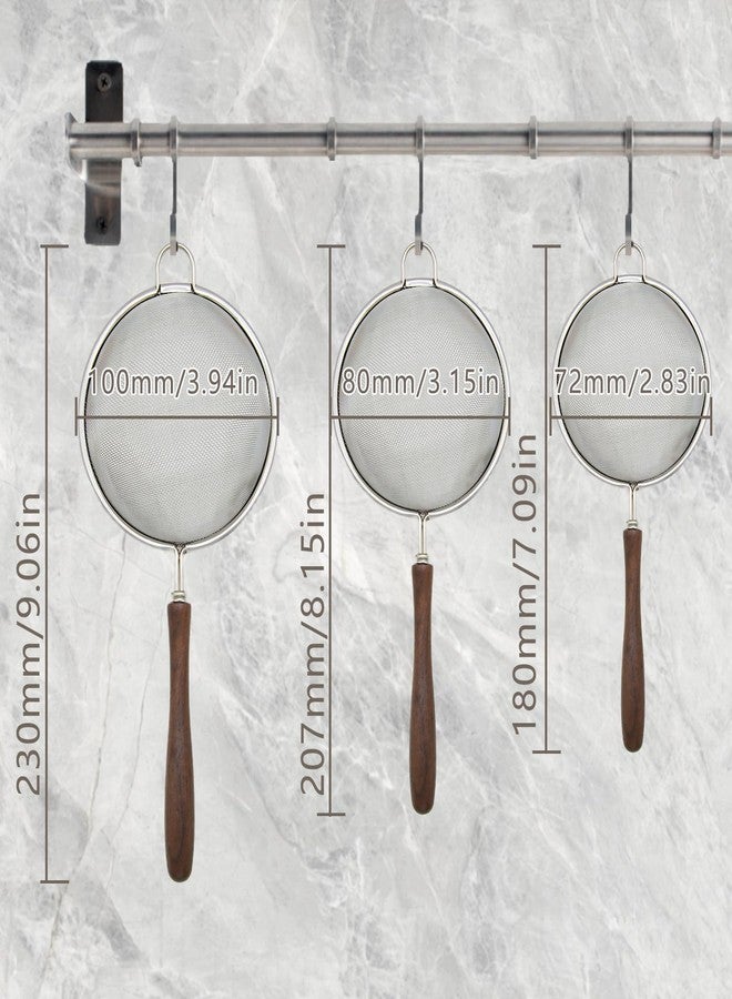 فلاين مجموعة من 3 مصافي شبكية للمطبخ، مصفاة من الفولاذ المقاوم للصدأ 304 بمقبض خشبي، مناخل لتصفية الطعام والشاي والأرز والزيت والمعكرونة والفواكه والخضراوات - Image 4