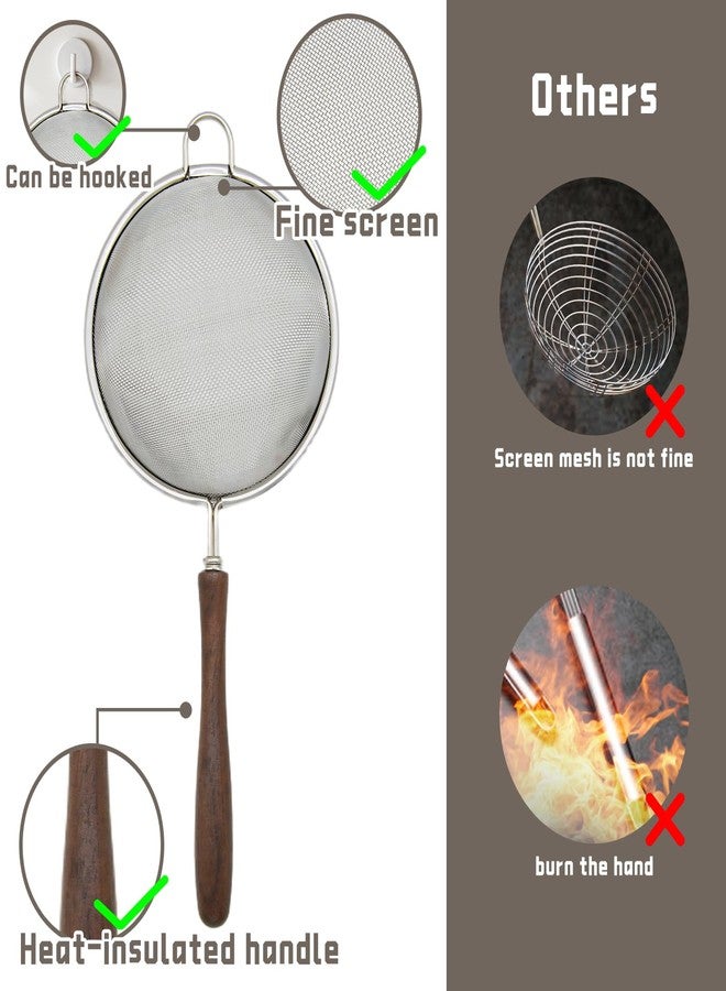 فلاين مجموعة من 3 مصافي شبكية للمطبخ، مصفاة من الفولاذ المقاوم للصدأ 304 بمقبض خشبي، مناخل لتصفية الطعام والشاي والأرز والزيت والمعكرونة والفواكه والخضراوات - Image 5