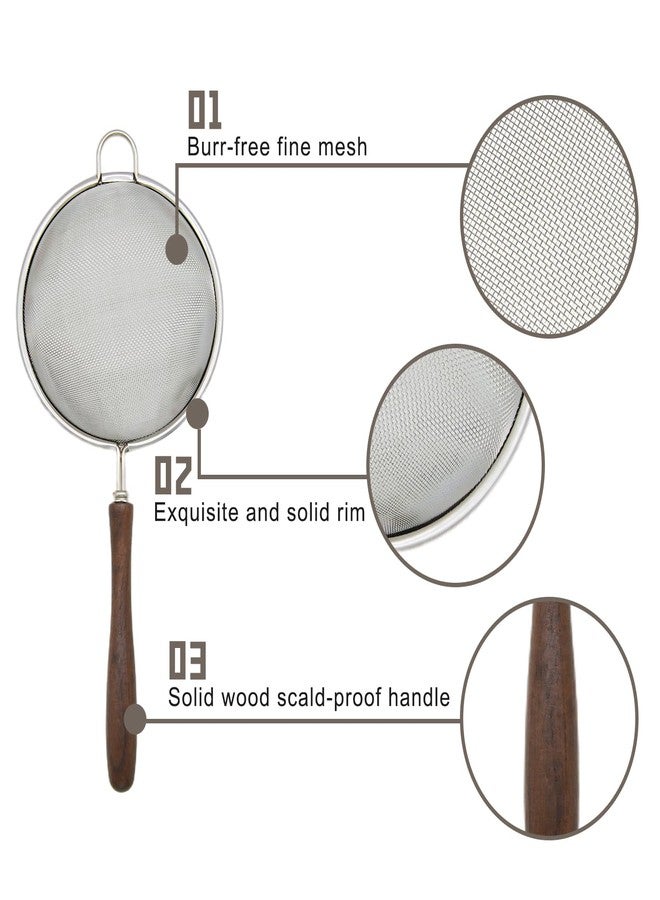 فلاين مجموعة من 3 مصافي شبكية للمطبخ، مصفاة من الفولاذ المقاوم للصدأ 304 بمقبض خشبي، مناخل لتصفية الطعام والشاي والأرز والزيت والمعكرونة والفواكه والخضراوات - Image 2