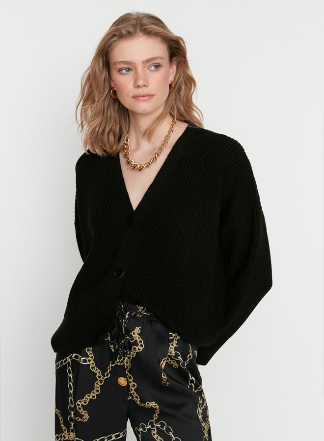 trendyol Black Wide Fit V Neck Knitwear Cardigan - Image 1