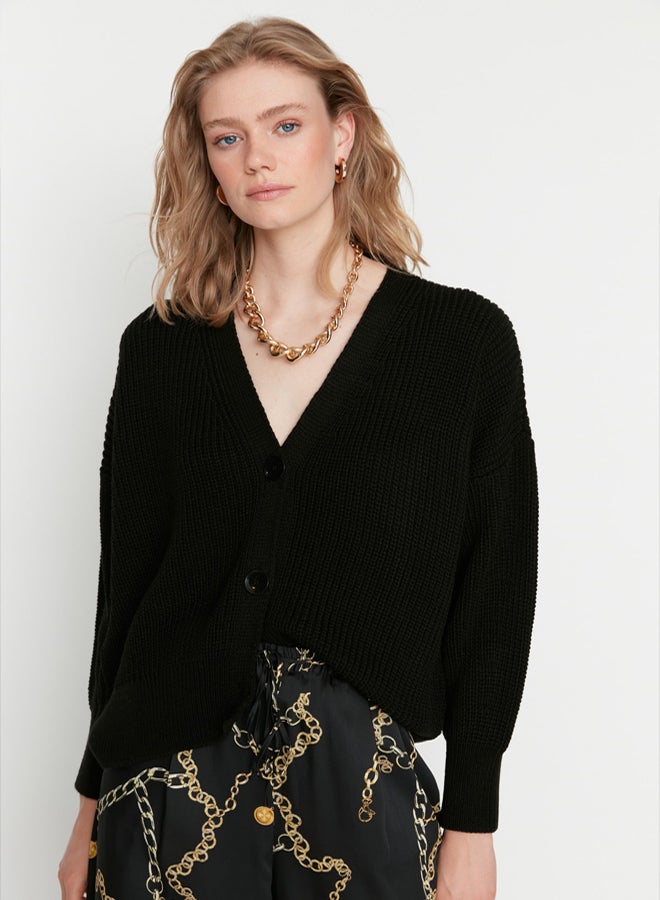 trendyol Black Wide Fit V Neck Knitwear Cardigan - Image 2