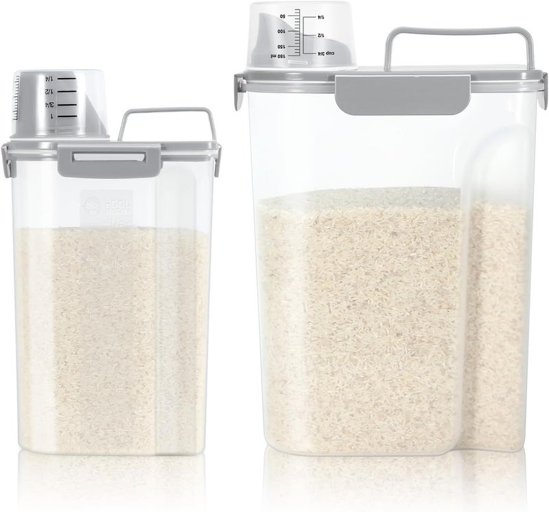 TBMax Rice Container 2 Pack, Airtight Cereal Container Oatmeal Storage with Easy-pouring Spout & Handy Cup for Flour Grain Beans, Pet Dog Cat Bird Food Storage Dispenser-Light Grey - Image 1