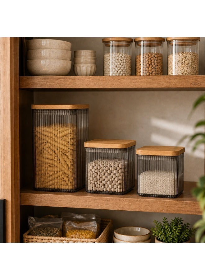 Ribbed Food Storage Container Set 3 Pieces BPA-Free Airtight Wood-Look Lid Kitchen Fridge Pantry 2.1 Liters, 0.9 Liters × 2 (Transparent Black) - Image 3