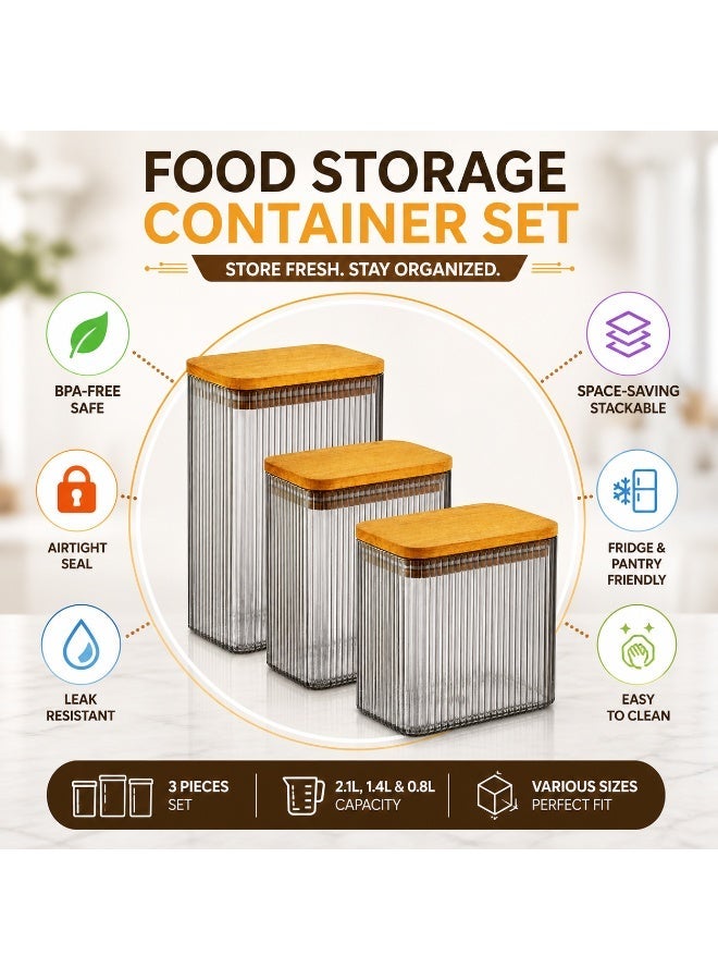 Ribbed Food Storage Container Set 3 Pieces BPA-Free Airtight Wood-Look Lid Kitchen Fridge Pantry 2.1 Liters, 0.9 Liters × 2 (Transparent Black) - Image 4