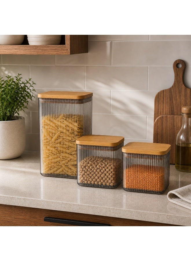 Ribbed Food Storage Container Set 3 Pieces BPA-Free Airtight Wood-Look Lid Kitchen Fridge Pantry 2.1 Liters, 0.9 Liters × 2 (Transparent Black) - Image 2