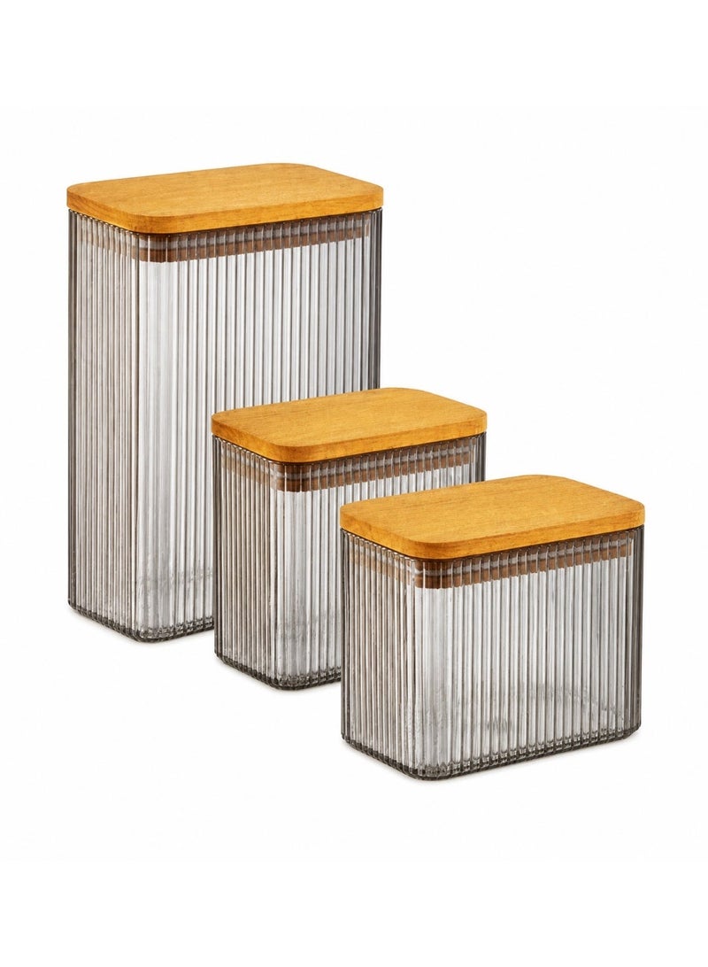 Ribbed Food Storage Container Set 3 Pieces BPA-Free Airtight Wood-Look Lid Kitchen Fridge Pantry 2.1 Liters, 0.9 Liters × 2 (Transparent Black) - Image 1