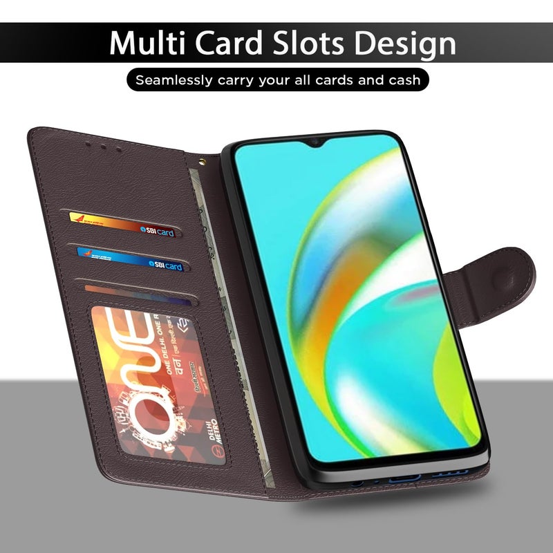 Pikkme Realme C12 / Realme Narzo 20 / Narzo 30A / Realme C25 Flip Case Leather Finish | Inside TPU | Wallet Stand and Shock Proof | Magnetic Closing | Complete Protection Flip Cover (Coffee) - Image 5