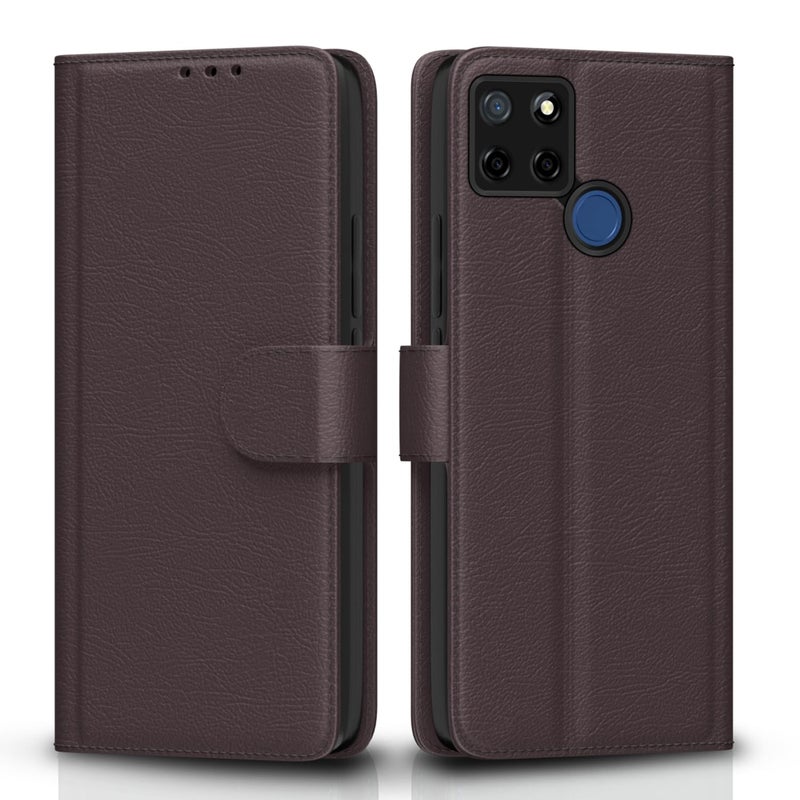 Pikkme Realme C12 / Realme Narzo 20 / Narzo 30A / Realme C25 Flip Case Leather Finish | Inside TPU | Wallet Stand and Shock Proof | Magnetic Closing | Complete Protection Flip Cover (Coffee) - Image 1