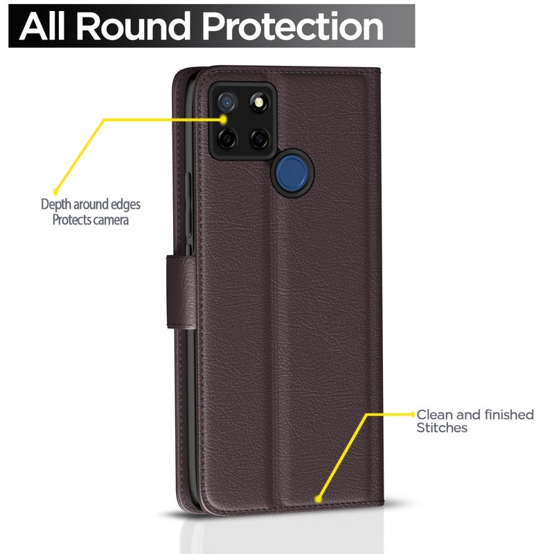 Pikkme Realme C12 / Realme Narzo 20 / Narzo 30A / Realme C25 Flip Case Leather Finish | Inside TPU | Wallet Stand and Shock Proof | Magnetic Closing | Complete Protection Flip Cover (Coffee) - Image 4