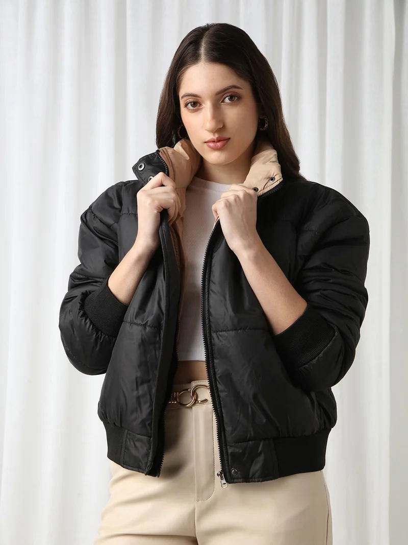 Globus Women Black High Neck Long Sleeves Winter Wear Puffer Jacket