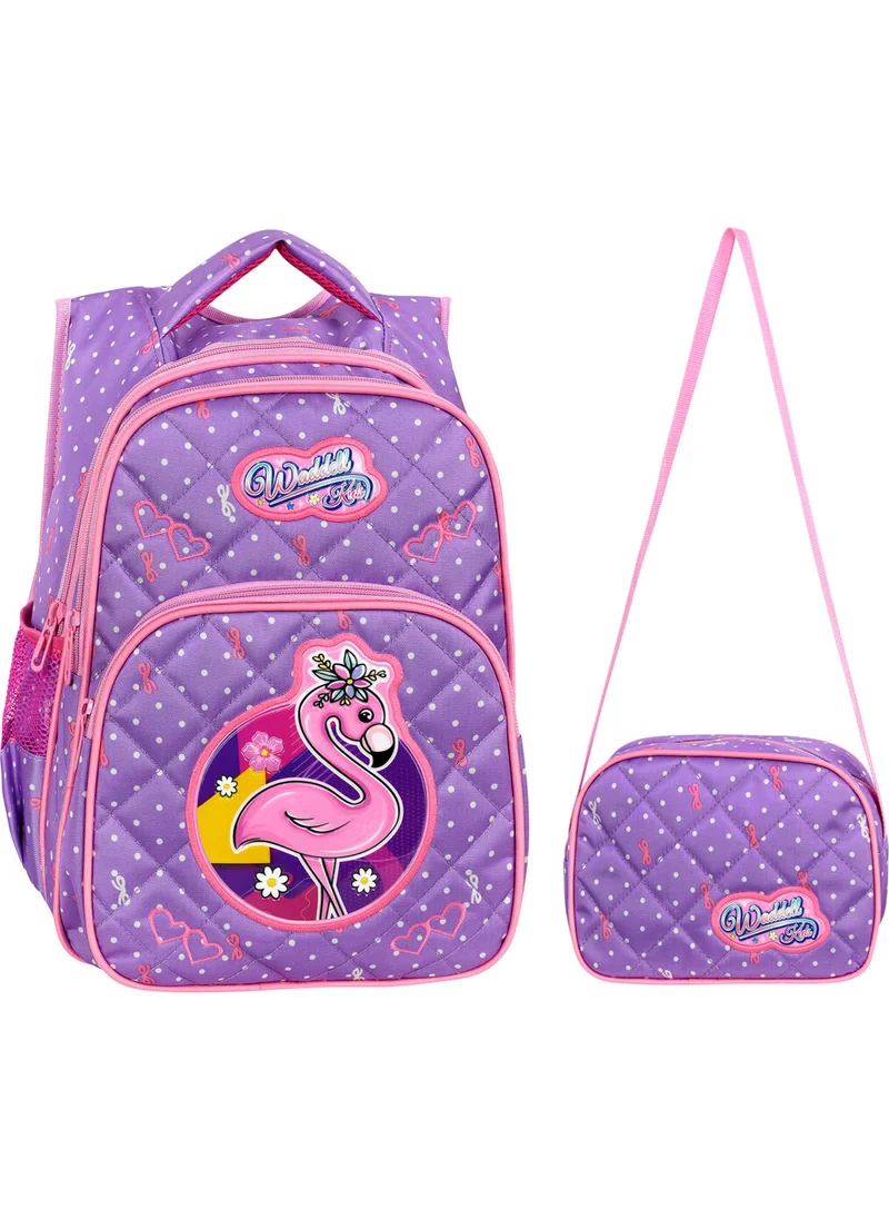 واديل Licensed Lilac Flamingo Patterned Emboos Primary School Backpack and Lunchbox