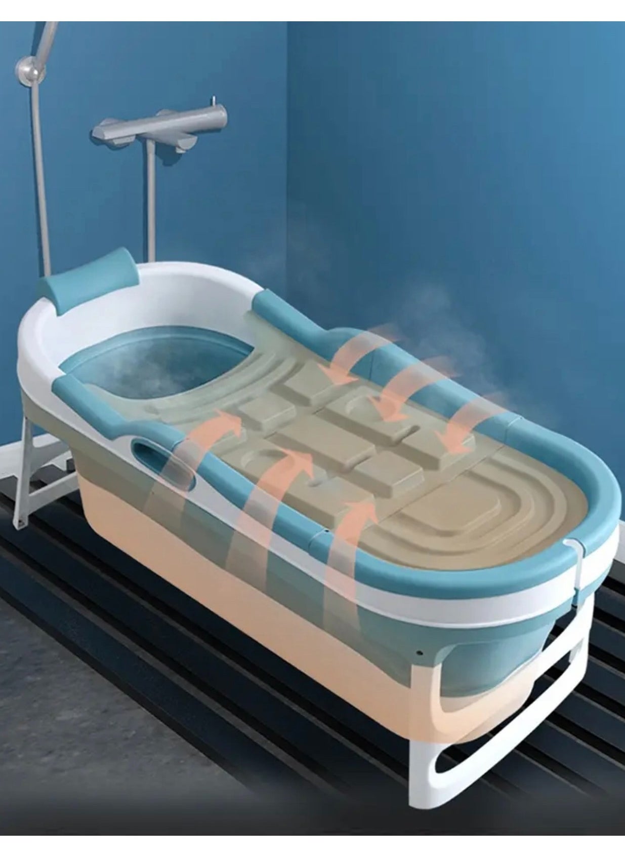 A Foldable Bathtub for adults Wth a Neck Pillow, Comfortable Features, and a Space-saving Design, Blue Color 