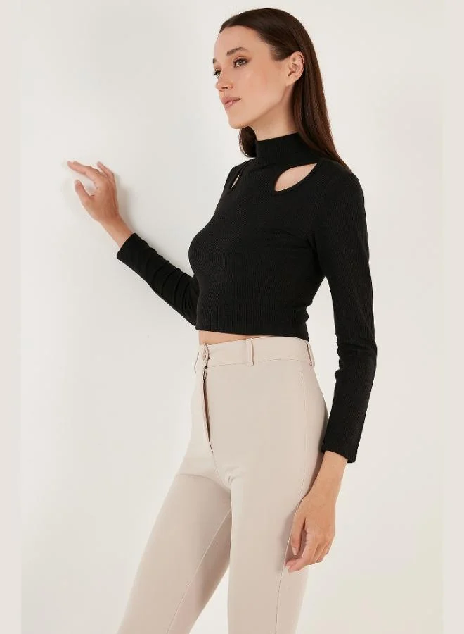 Lela Lela Flexible Slim Fit Cut Out Windowed High Neck Crop Blouse Women's Blouse 5865348