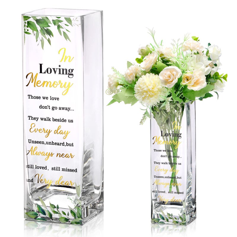 Hoolerry Botanical Theme Memorial Glass Vase with Sympathy Verse Clear Rectangular 315 x 315 x 984 Inches Decorative Flower Vase for Funeral Memorial Parties Table Top Centerpiece