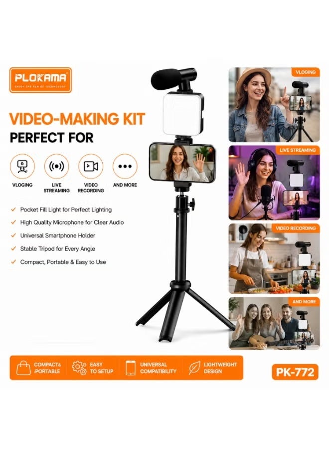 PLOKAMA PK-772 Smartphone Video Making Kit, LED Fill Light, External Microphone, Adjustable Tripod Stand & Bluetooth Remote, Mobile Vlogging Accessories Set, Portable Content Creator Kit for YouTube, TikTok, Live Streaming, Reels, Photography & Social Media - Image 4