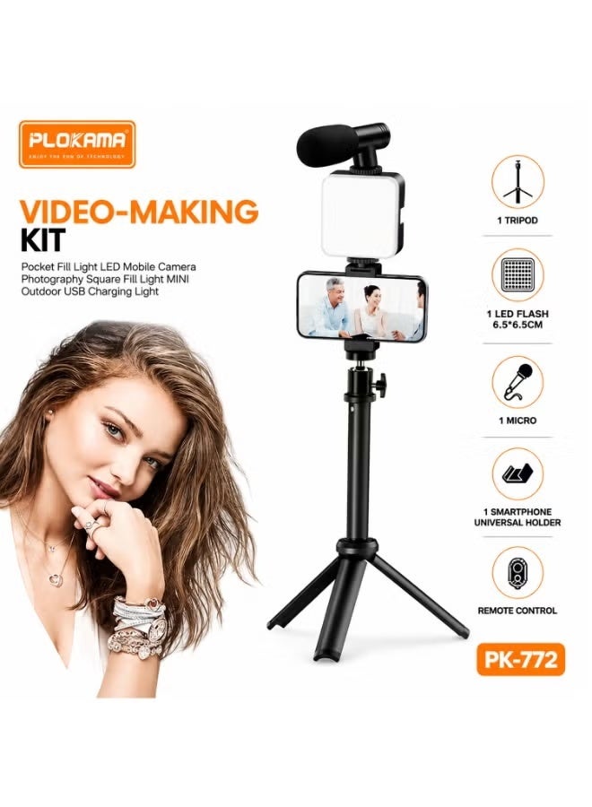 PLOKAMA PK-772 Smartphone Video Making Kit, LED Fill Light, External Microphone, Adjustable Tripod Stand & Bluetooth Remote, Mobile Vlogging Accessories Set, Portable Content Creator Kit for YouTube, TikTok, Live Streaming, Reels, Photography & Social Media - Image 3
