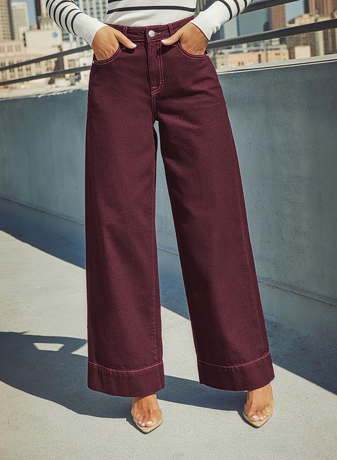 Take Two Burgundy High Rise Wide Leg Jeans - Image 4