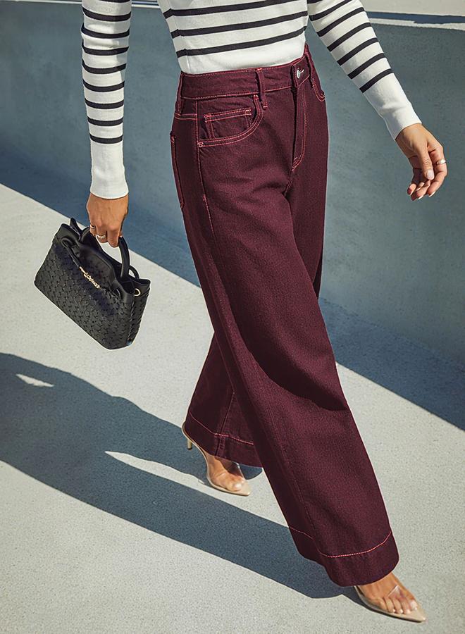 Take Two Burgundy High Rise Wide Leg Jeans - Image 3