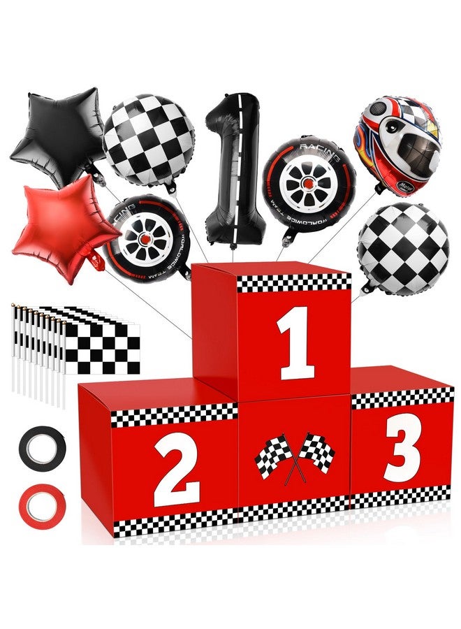 Windspeed 4+18 P Racing Car Party Boxes, Windspeed 4 Racecar Boxes for Racing Car Themed Birthday Party Fast One Birthday Decorations with 10 Checkered Flags 8 Race Car Theme Balloons - Image 1