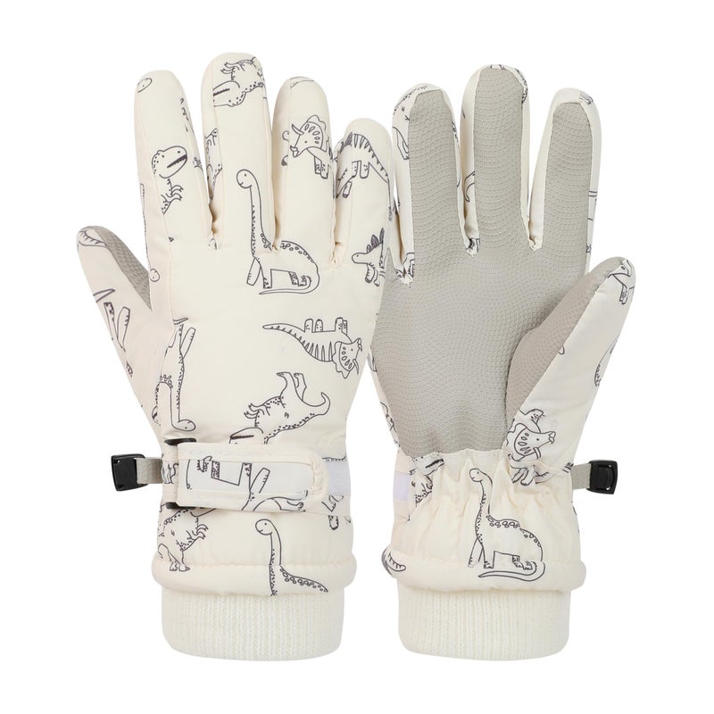 LPMOERA Kids Gloves Winter Toddler Snow Waterproof Gloves Kids Mittens for Boys Girls Ski Glove Warm Thermal Fleece White Dinosaur M (7-9T) - Image 1
