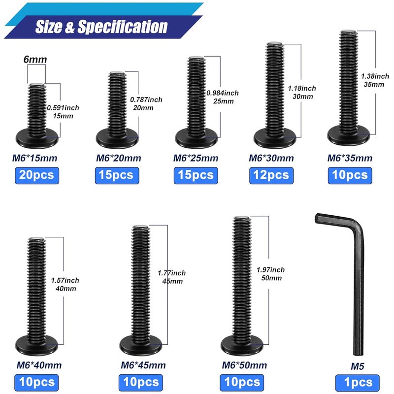 Taiss 102PCS Flat Head Hex Socket Cap Screws M6 Bolts 8 Sizes M6*15/20/25/30/35/40/45/50mm 304 Stainless Steel Furniture Bolts,Full Thread Furniture Screws with Hex Wrench - Image 2