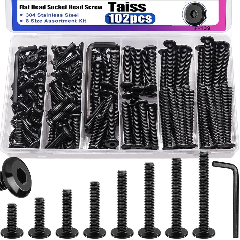 Taiss 102PCS Flat Head Hex Socket Cap Screws M6 Bolts 8 Sizes M6*15/20/25/30/35/40/45/50mm 304 Stainless Steel Furniture Bolts,Full Thread Furniture Screws with Hex Wrench - Image 1