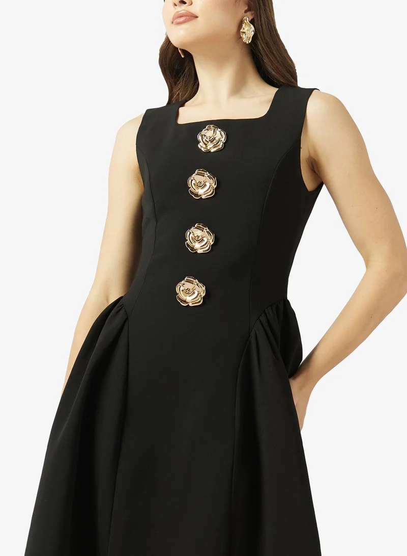 Ginger Boutique  Square Neck Princess Cut Dress with Gold Accent for Women | Best Price UAE
