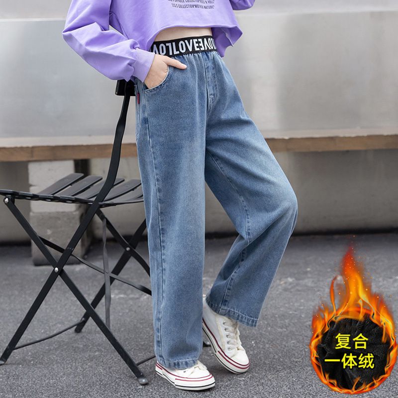Girls' Pants Wear Western Style Autumn Trousers Middle And Big Children Fleece-Lined Wide Leg Pants Children'S Jeans - Image 1