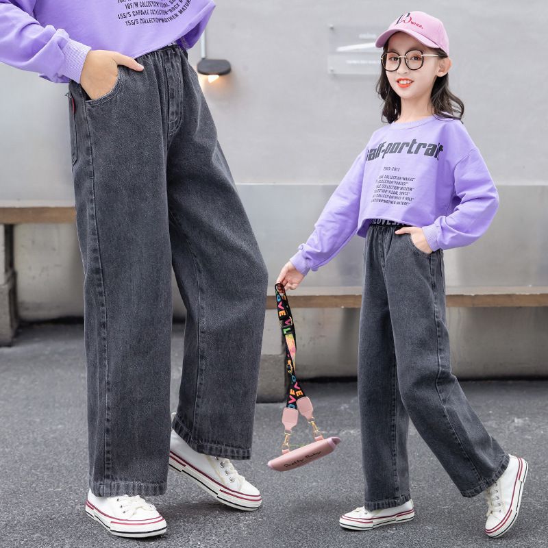 Girls' Pants Wear Western Style Autumn Trousers Middle And Big Children Fleece-Lined Wide Leg Pants Children'S Jeans - Image 4
