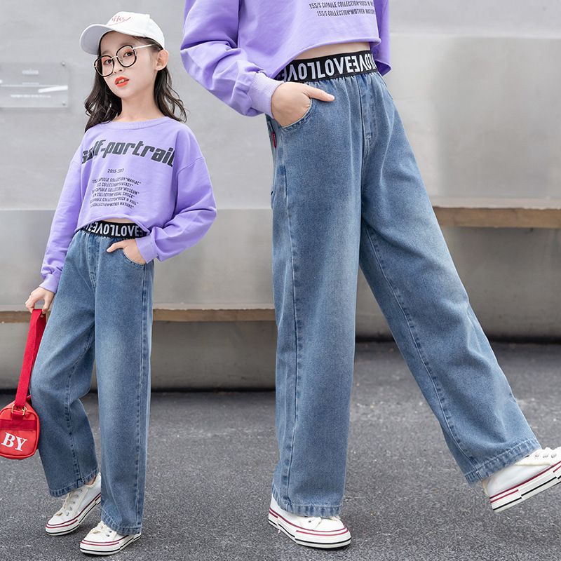 Girls' Pants Wear Western Style Autumn Trousers Middle And Big Children Fleece-Lined Wide Leg Pants Children'S Jeans - Image 2