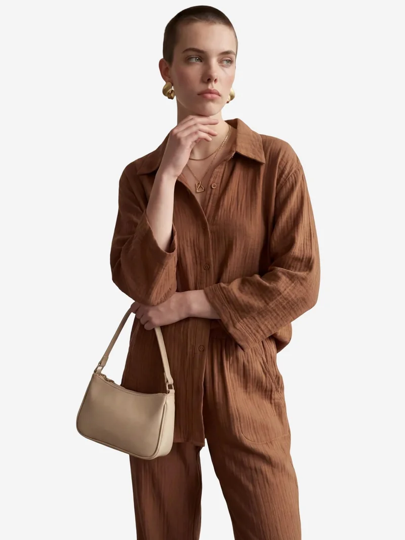 MY FASHION Coffee Brown MY FASHION Muslin Fabric Two-Piece Set with Shirt & Pants for Women | Best Price UAE