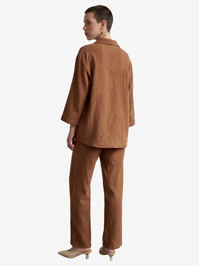 MY FASHION Coffee Brown MY FASHION Muslin Fabric Two-Piece Set with Shirt & Pants for Women | Best Price UAE