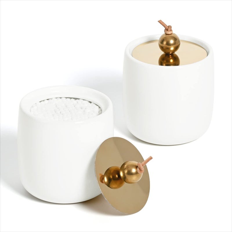 2 Pack Ceramic Qtip Holder Dispenser with Gold Lids White Apothecary Jars Bathroom Vanity Organizer for Home Decor Bathroom Canister for Cotton Swabs Rounds Balls Makeup Sponges Bath Salts