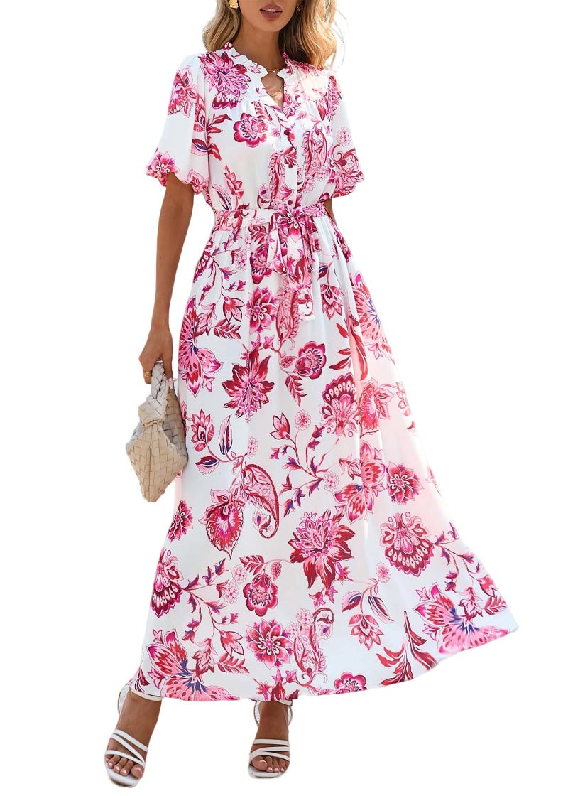 KIRUNDO Women Spring Summer Wedding Guest Boho Floral Maxi Dress Puff Sleeve Button Shirt V Neck Flowy Beach Vacation Dress(Floral White Rose Red, Small) - Image 1