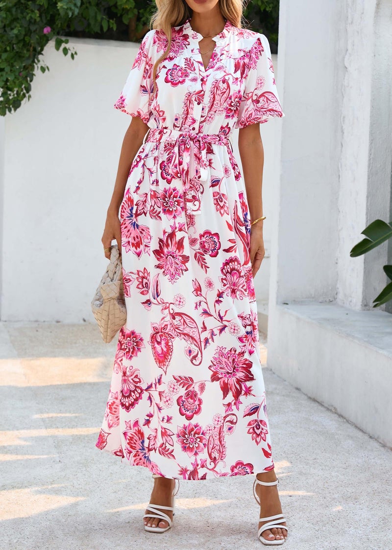 KIRUNDO Women Spring Summer Wedding Guest Boho Floral Maxi Dress Puff Sleeve Button Shirt V Neck Flowy Beach Vacation Dress(Floral White Rose Red, Small) - Image 4
