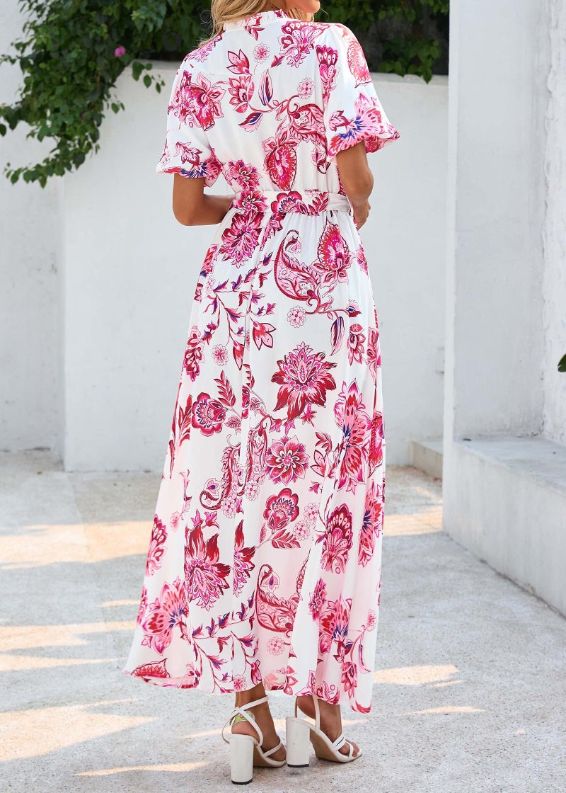 KIRUNDO Women Spring Summer Wedding Guest Boho Floral Maxi Dress Puff Sleeve Button Shirt V Neck Flowy Beach Vacation Dress(Floral White Rose Red, Small) - Image 2