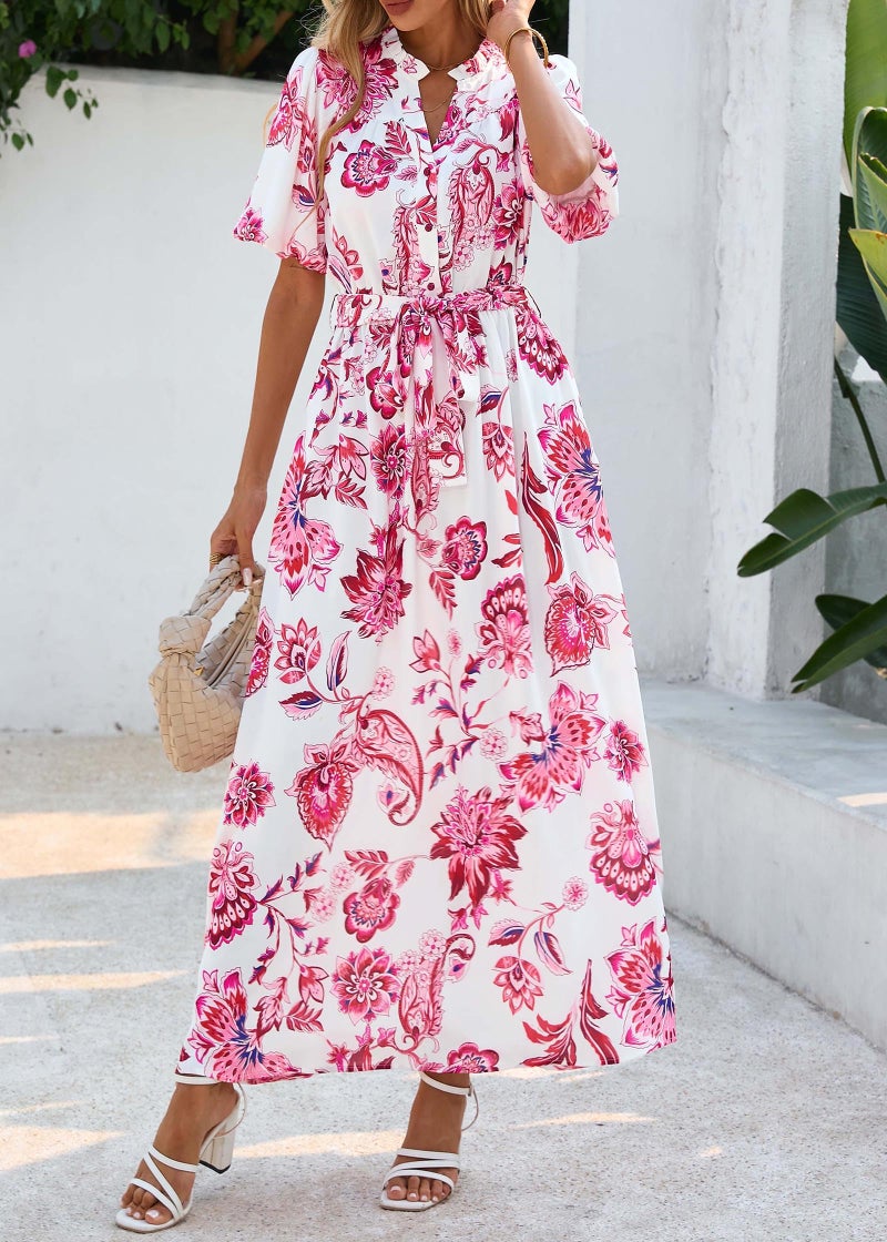 KIRUNDO Women Spring Summer Wedding Guest Boho Floral Maxi Dress Puff Sleeve Button Shirt V Neck Flowy Beach Vacation Dress(Floral White Rose Red, Small) - Image 5