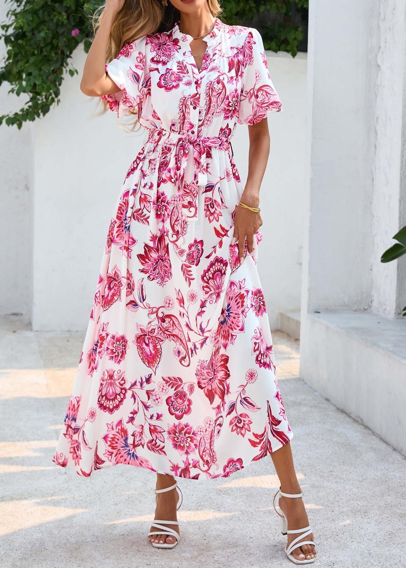 KIRUNDO Women Spring Summer Wedding Guest Boho Floral Maxi Dress Puff Sleeve Button Shirt V Neck Flowy Beach Vacation Dress(Floral White Rose Red, Small) - Image 3