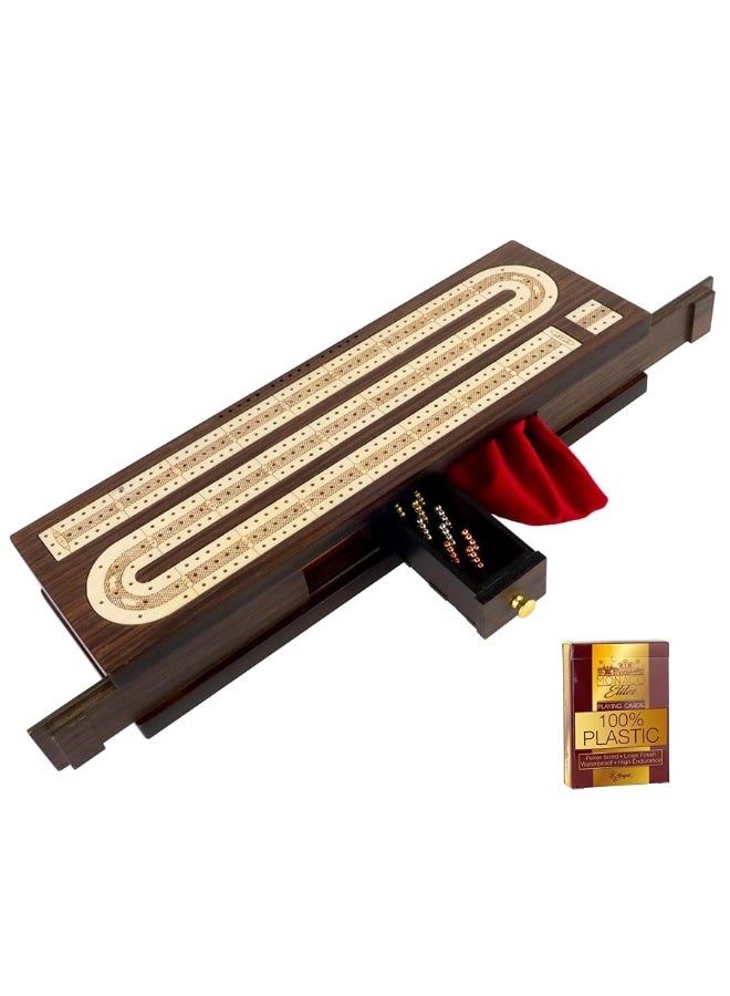 Regal Games - Luxury Cribbage Board - Portable & Elegant Cribbage Set - Includes 1 Natural Wood Game Board, Deck of Cards, Felt Storage Bag, 9 Metal Pegs - Fun Family Games - for 2-4 Players Ages 8+ - Image 1