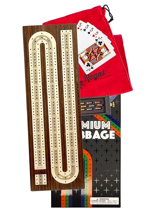 Regal Games - Luxury Cribbage Board - Portable & Elegant Cribbage Set - Includes 1 Natural Wood Game Board, Deck of Cards, Felt Storage Bag, 9 Metal Pegs - Fun Family Games - for 2-4 Players Ages 8+ - Image 2