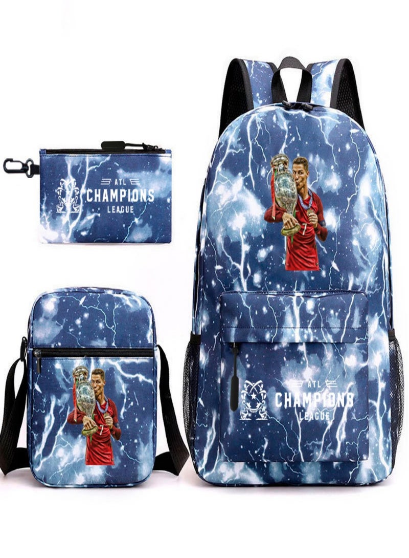 C Ronaldo Children Backpack Schoolbag Teen Student School Book bag with Lunch Box Pen Case 3 in 1 for Kids